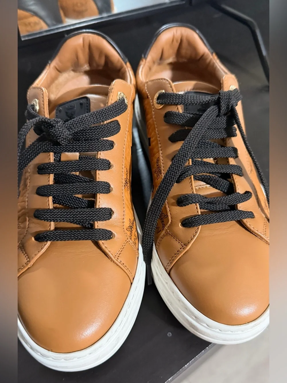 MCM Cognac Brown Logo Low-Top Sneakers with Black Laces